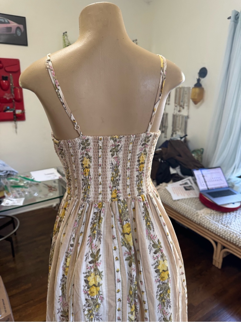 Floral Smocked Bodice Spaghetti-Strap Maxi Dress in Beige and Yellow size M - Picture 7 of 11